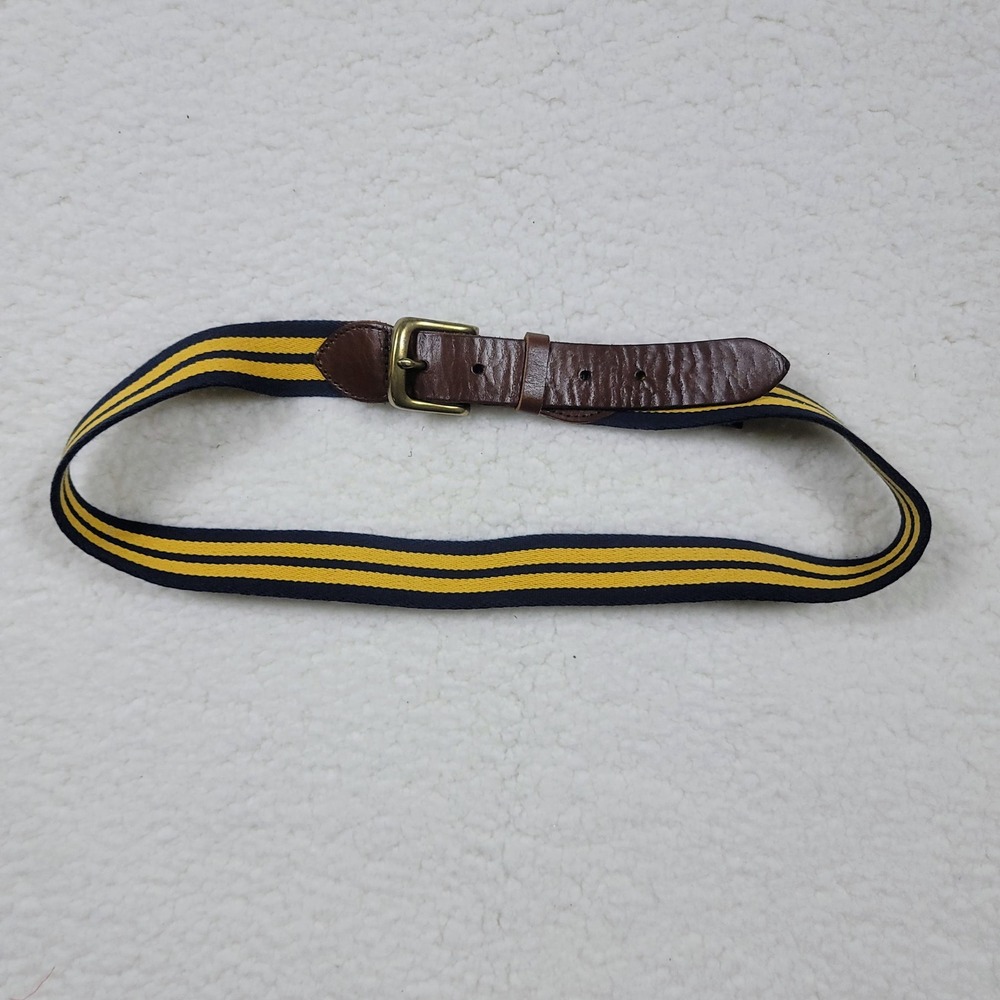 Cremieux Webbed Striped Belt Mens 38 Navy Yellow Leather Trim Brass Buckle Woven